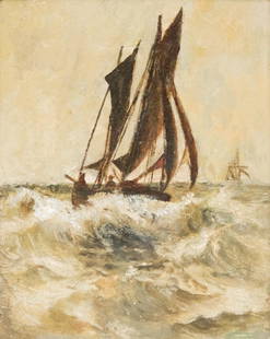 American School, Ship on Choppy Water: American, 19th century oil on canvas stretched onto board depicting a small vessel on choppy waters, housed in a fine giltwood frame, 8" x 10" canvas, 13 1/4" x 15 1/4" framed.