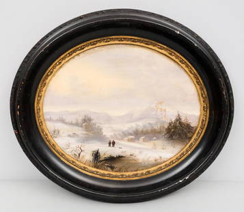 George Boice Durrie, Winter Scene: George Boice Durrie (American, 1842-1907), oil on canvas depicting two boys with a sled traversing a snowy landscape, 9 3/4" x 12" canvas, 14" x 16" framed.