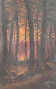 American School, Forest at Sunset: American, 19th century oil on board depicting a sunset through the trees, 8" x 11 3/4" board, 10 3/4" x 14 3/4" framed.