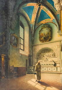 Carlo Ferrario, Church Interior: Carlo Ferrario (Italian, 1833-1907), 1872, watercolor on canvas depicting a monk in a church interior, signed and dated l.r., 9 1/4" x 13 1/4" board, 14" x 18" framed.