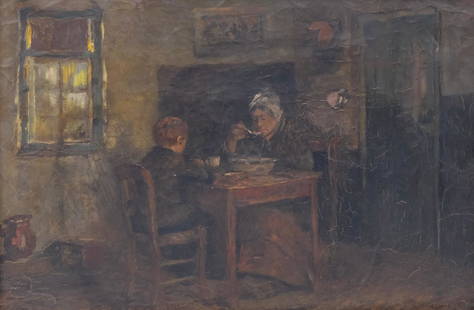 Melbourne H. Hardwick, Dutch Interior: Melbourne Havelock Hardwick (American, 1857-1916), oil on canvas depicting two figures eating at the dinner table in a Dutch interior, signed l.l., 17 1/4" x 23" canvas, 18" x 25 1/2" framed.