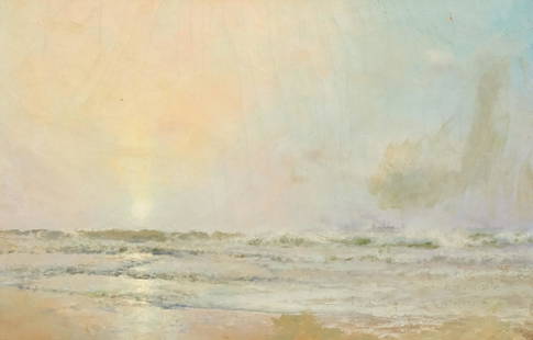 American School, San Francisco Beach: American, 19th century oil on canvas depicting a view of the ocean from the shore, signed illegibly l.r., titled verso, 12" x 18 1/4" canvas, 17" x 23 1/2" framed.