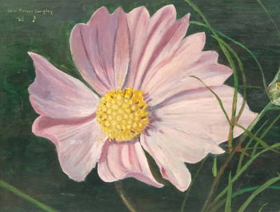 Jane Pickens Langley, Pink Cosmos: Jane Pickens Langley (American, 1908-1992), 1968, oil on board depicting a pink cosmos flower, signed and dated u.l., 13" x 17" board, 17 3/4" x 21 1/2" framed.