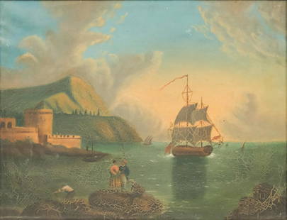 American School, Arrival of a Ship: American, 18th century oil on canvas depicting a ship coming to shore, 13 1/2" x 17 1/2" canvas, 18" x 21 3/4" framed.