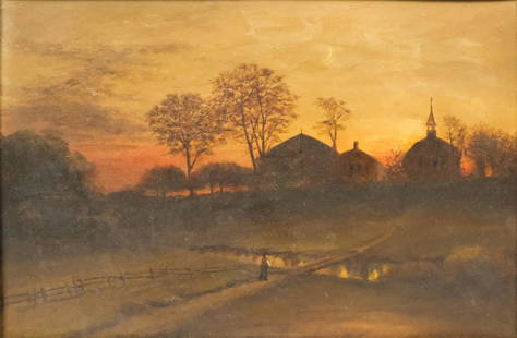 American School, Country Church: American, 19th century oil on board depicting a lone figure walking toward a rural church as the sun goes down, 12" x 18" board, 16 1/4" x 22 1/2" framed.