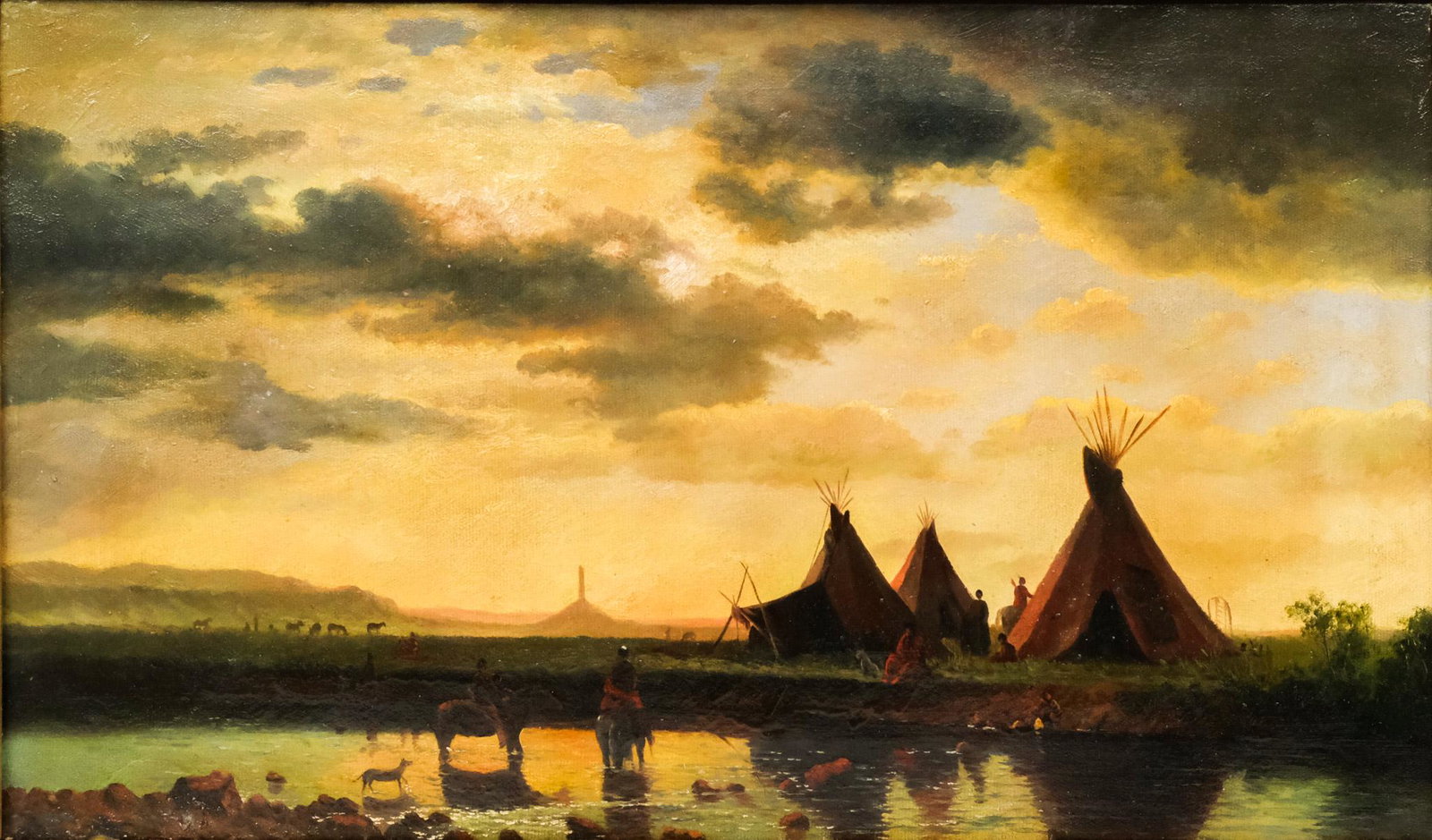 American School, Teepees by the Water: American, 19th century oil on canvas depicting a group of teepees by a small body of water, 14" x 24" canvas, 20" x 30" framed.