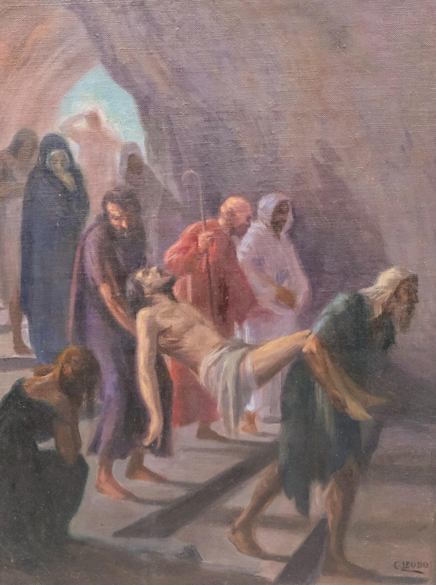 American School, Christ Carried to the Tomb: American, 20th century oil on board depicting Christ's body being carried into the stone tomb, signed "C. Leudo" l.r., 14" x 18" board, 19 3/4" x 23 3/4" framed.