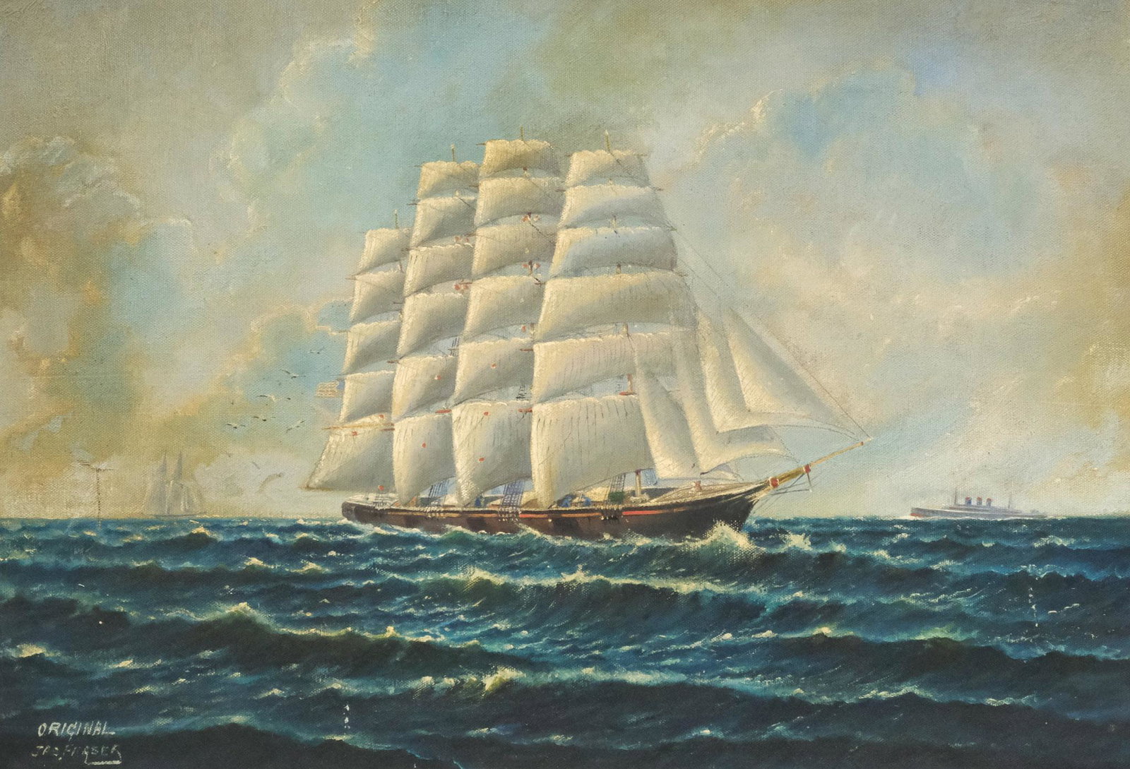 Jas Fraser, Clipper: Jas Fraser (American, 20th century), oil on canvas depicting a clipper on the water, signed l.l., 14" x 20" canvas, 16 1/2" x 22 3/4" framed.