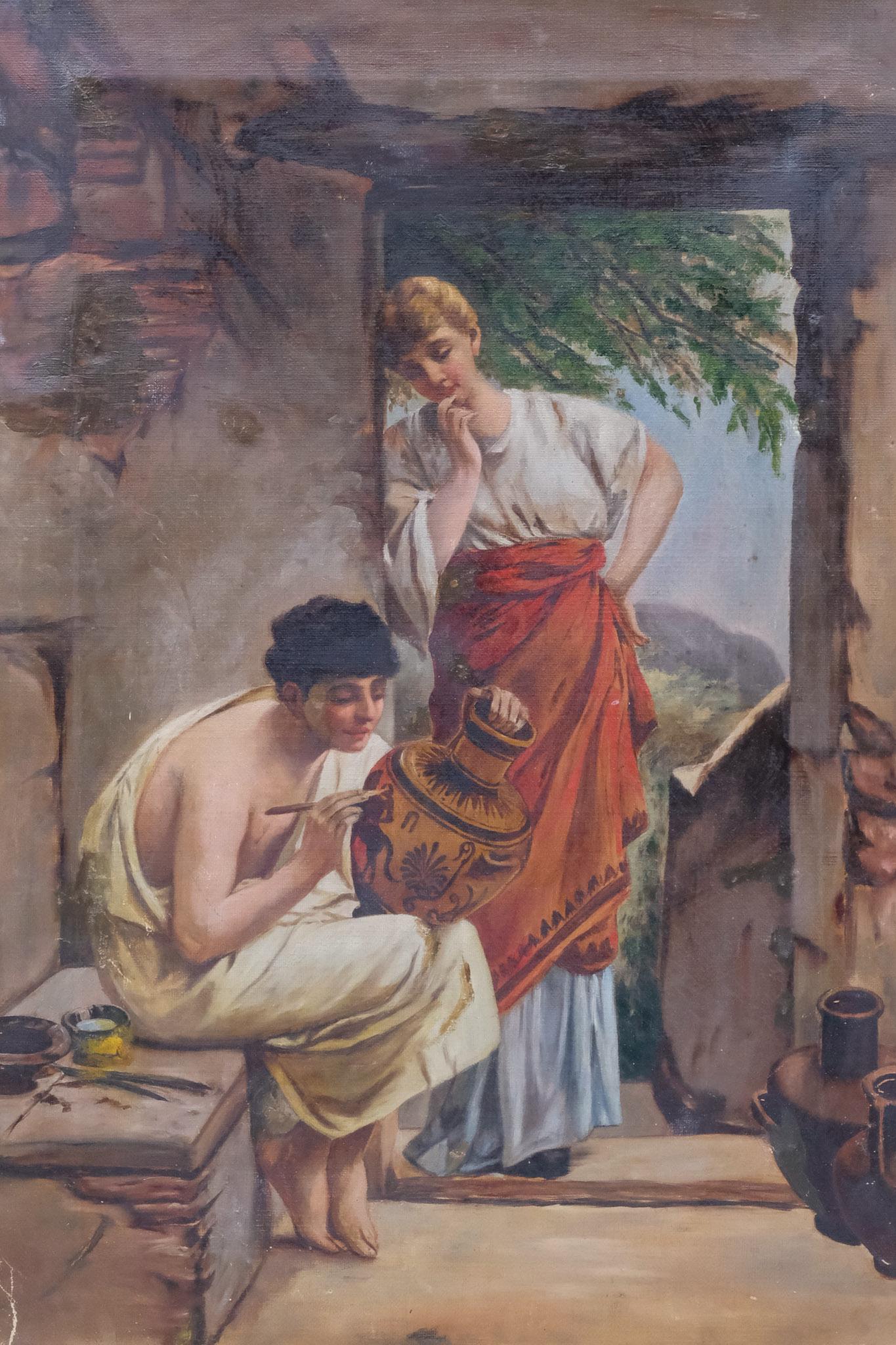After F. Paul Thumann, Pottery Decorator: After Friedrich Paul Thumann, 20th century oil on canvas depicting a pottery painter hard at work while a woman admires from the doorway, 15" x 22" canvas, 18 1/2" x 26" framed.