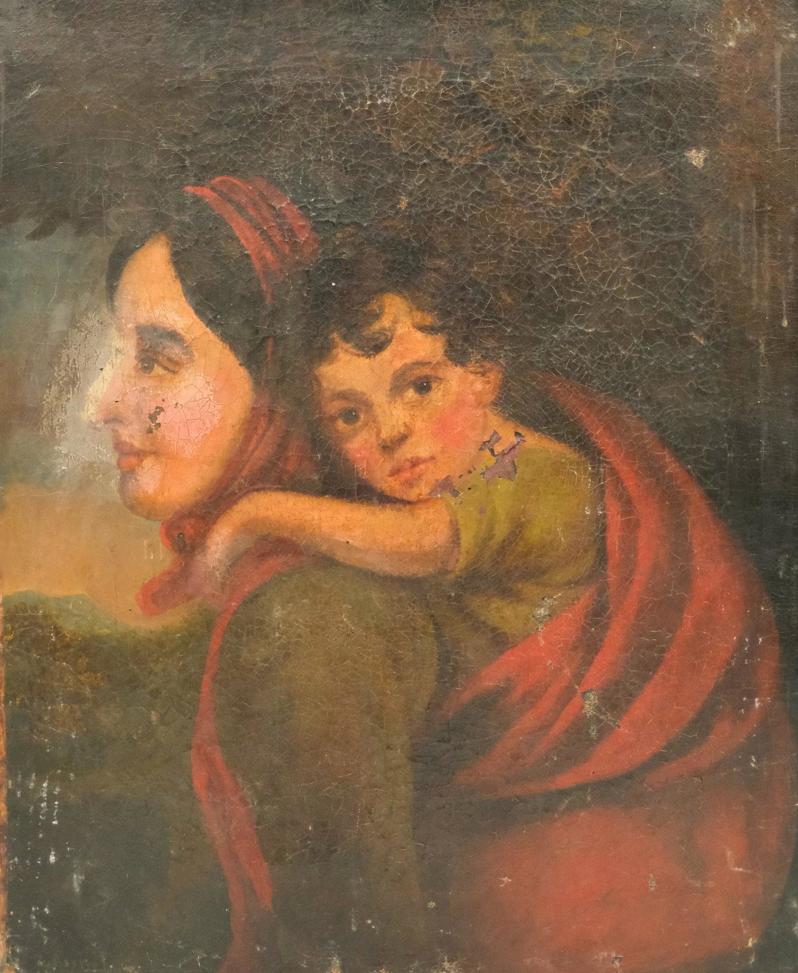 Attr. to Charles Baxter, Mother & Child: Attributed to Charles Baxter (British, 1809-1879), oil on canvas depicting a woman carrying a small child on her back, signed "C. Baxter" l.l., 20 1/2" x 25" canvas.