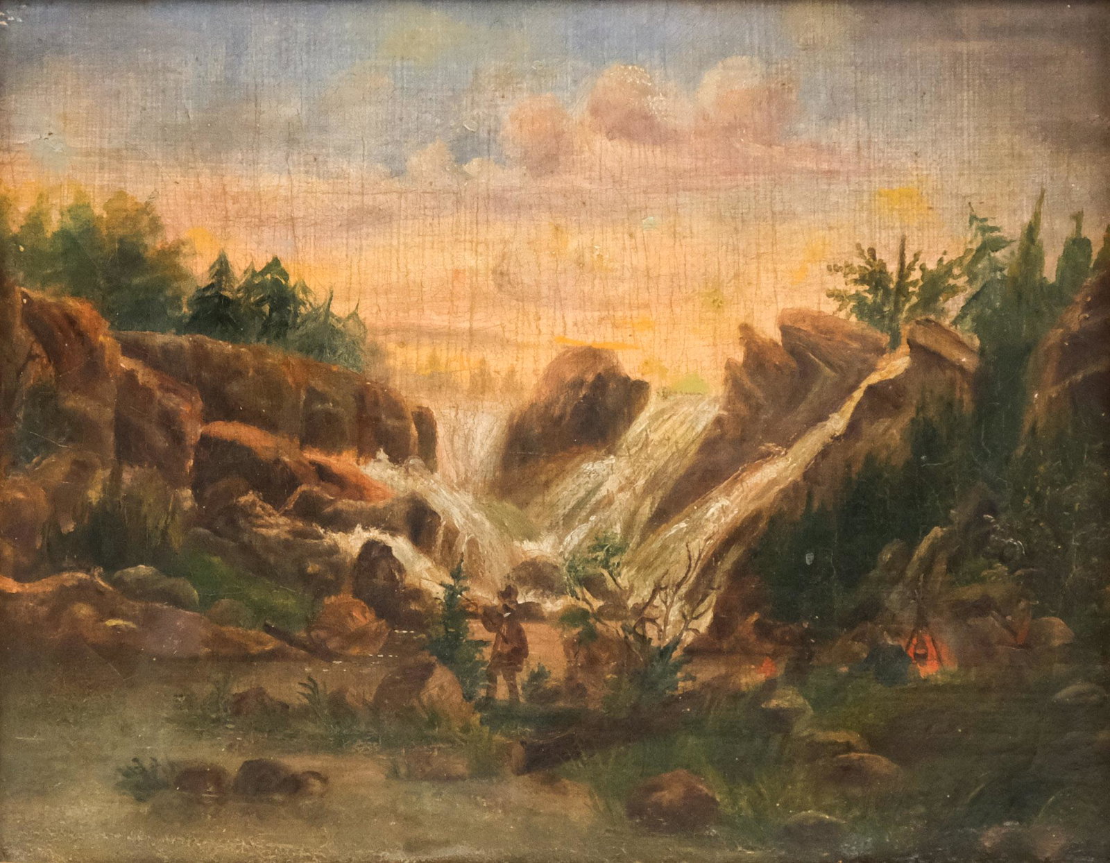American School, Pioneer Scene: American, 19th century oil on canvas depicting a small campground by a stream, signed illegibly verso, possibly "H. E. Paulson", 8" x 10" canvas, 12" x 14" framed.