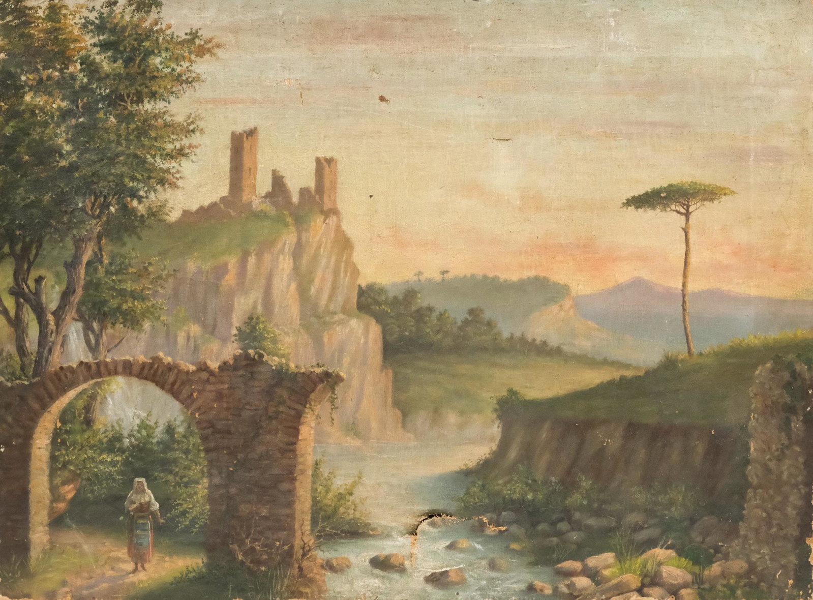 American School, Ruins by River: American, 19th century oil on canvas depicting a woman walking through ruins by a river, 16 3/4" x 22 1/2" overall.