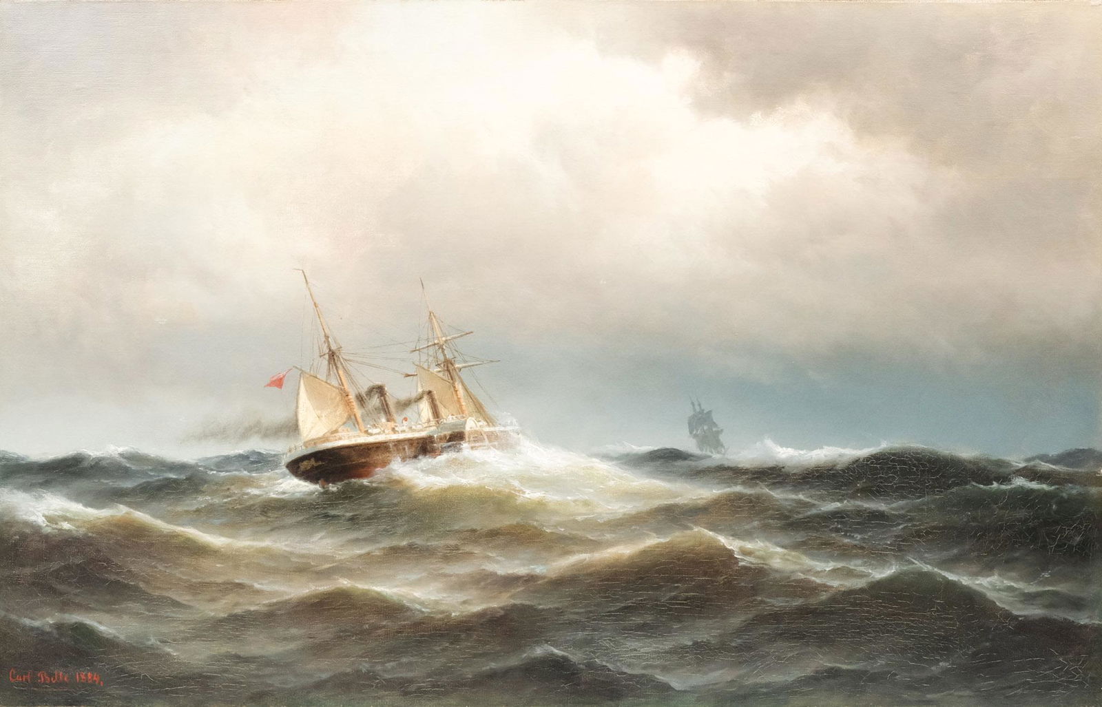 Carl Bille, Ships in a Storm: Carl Ludwig Bille (Danish, 1815-1898), 1884, oil on canvas depicting two ships on choppy waters, signed and dated l.l., 17 1/2" x 27" overall.
