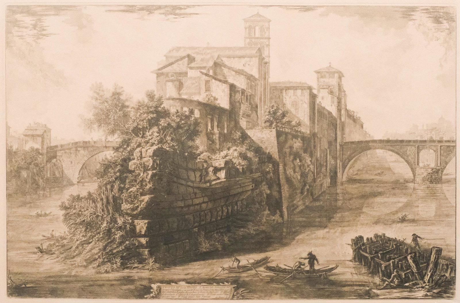 Piranesi, "Veduta dell'Isola Tiberina": Giovanni Battista Piranesi (Italian, 1720-1778), engraving of a view of the Isle of Tiber, 23 1/2" x 32 1/2" sight, 27 1/2" x 36 1/2" framed.