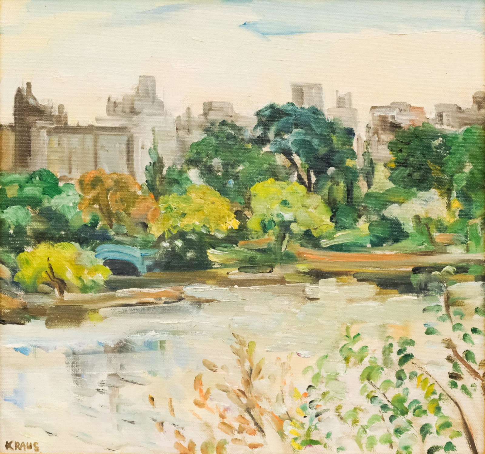 A. H. Kraus, "Central Park Lagoon in Morning": A. H. Kraus, 20th century impressionist oil on canvas depicting the New York City skyline from Central Park, signed "Kraus" l.l., signed and titled verso, 14 1/4" x 15 1/4" canvas, 18 1/2" x 19 1/4" f