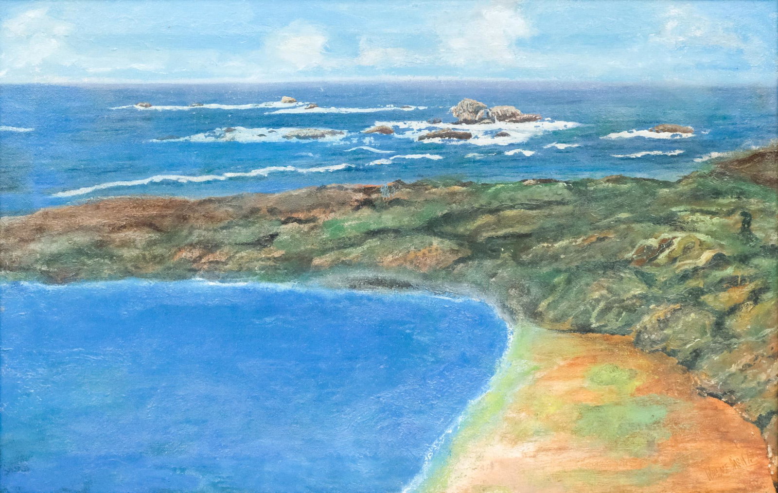 American School, Coastline: American, early 20th century oil on canvas depicting a crescent-shaped coastline, signed "Wallace Dash" l.r., 15" x 23 1/2" canvas, 19 1/2" x 27 3/4" framed.