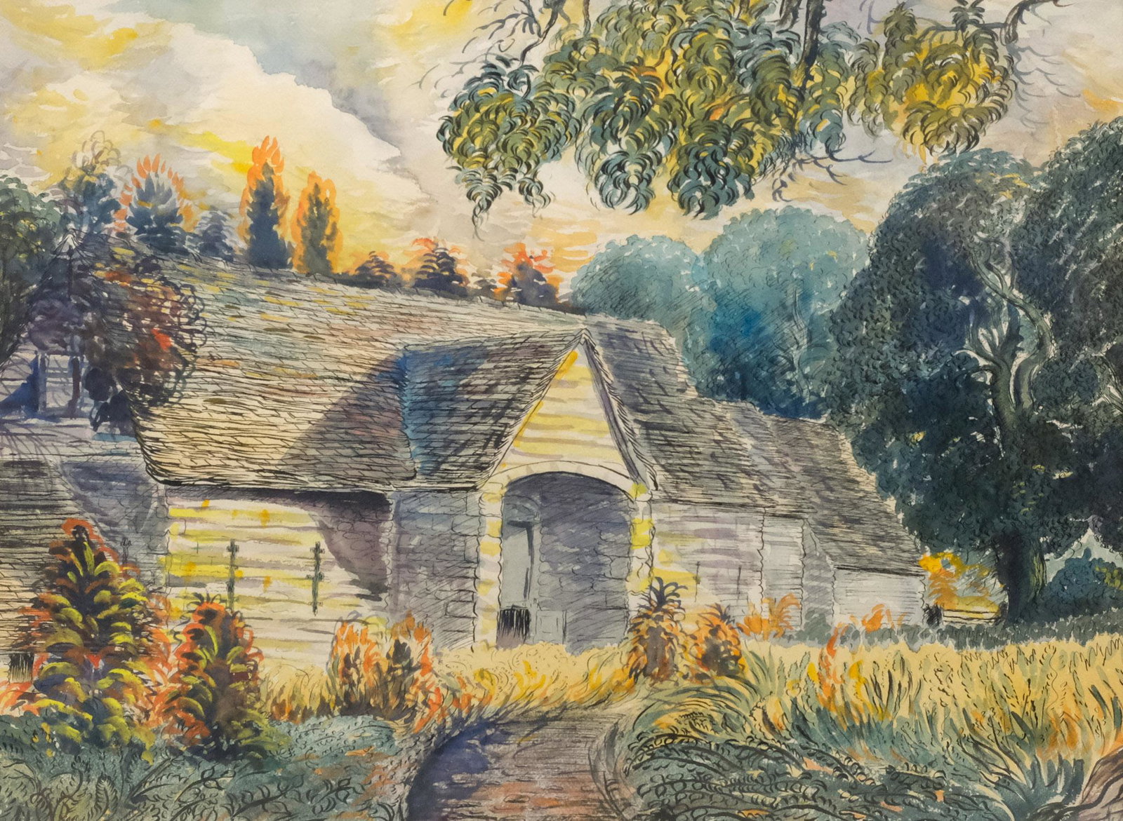 American School, Watercolor Landscape: American, 20th century watercolor and ink on paper depicting a cottage with a thatched roof in a wooded area, monogrammed "CVB" l.l., 17 1/2" x 23 1/2" sight, 27" x 33" framed.