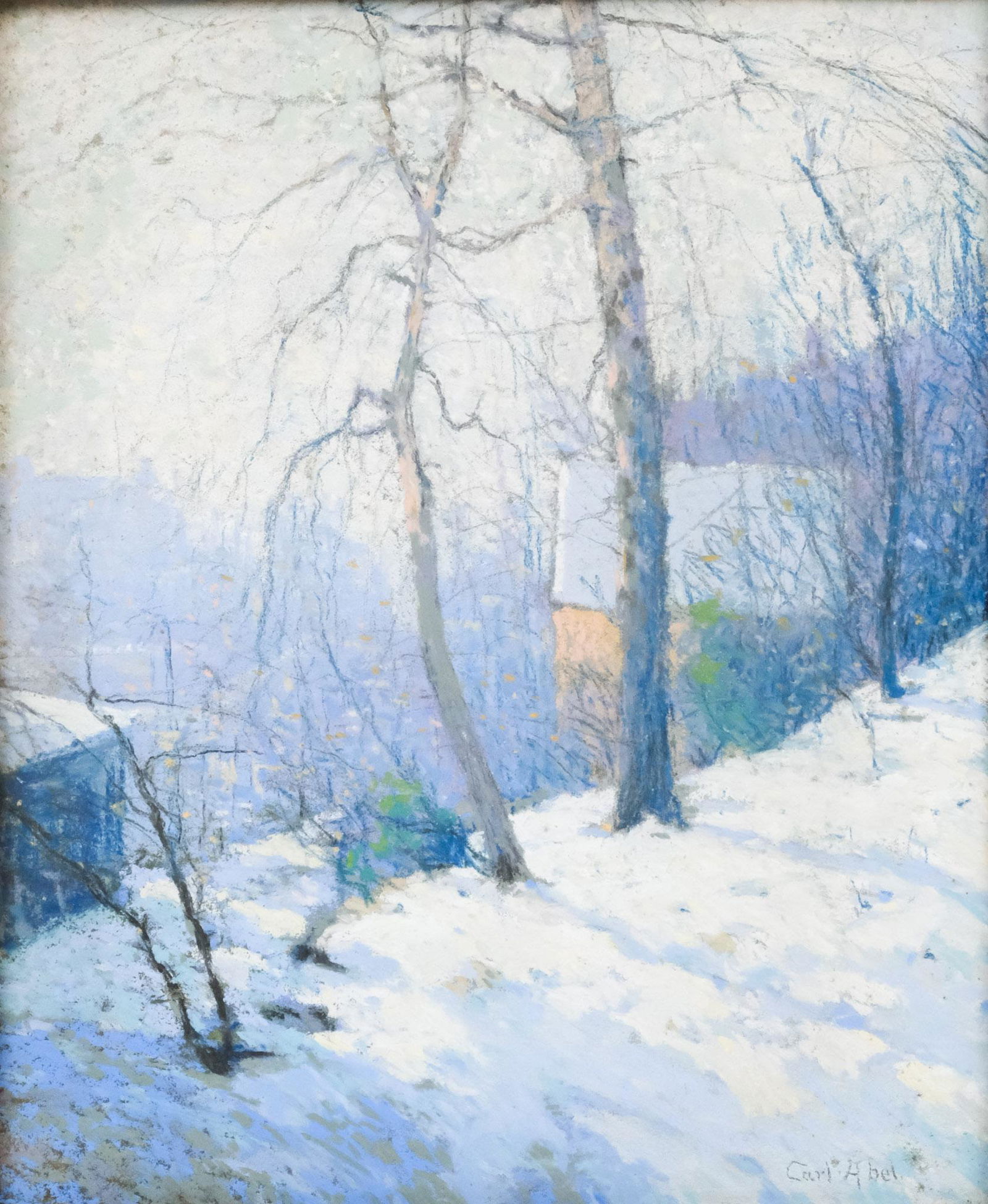 Carl Abel, City in the Snow: Carl Abel (American, 1875-1959), chalk pastel on board depicting a city park after a snowfall, signed l.r., 14" x 17" board, 17" x 20" framed.