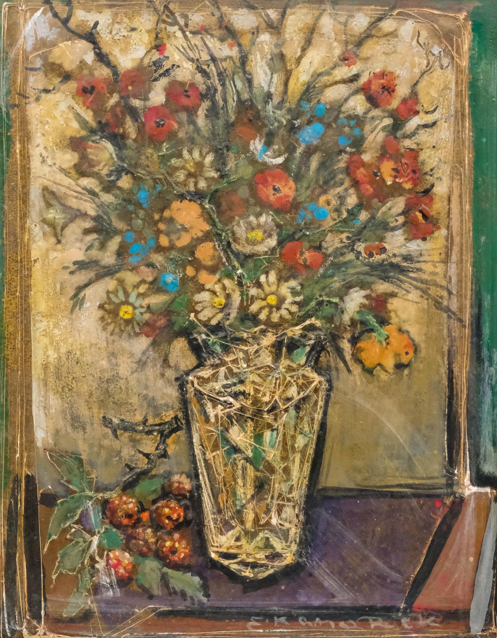 American School, Still Life: American, 20th century oil and mixed media on board depicting a floral arrangement, signed illegibly l.r., 15 1/4" x 19 3/4" board, 20 1/4" x 24 1/4" framed.