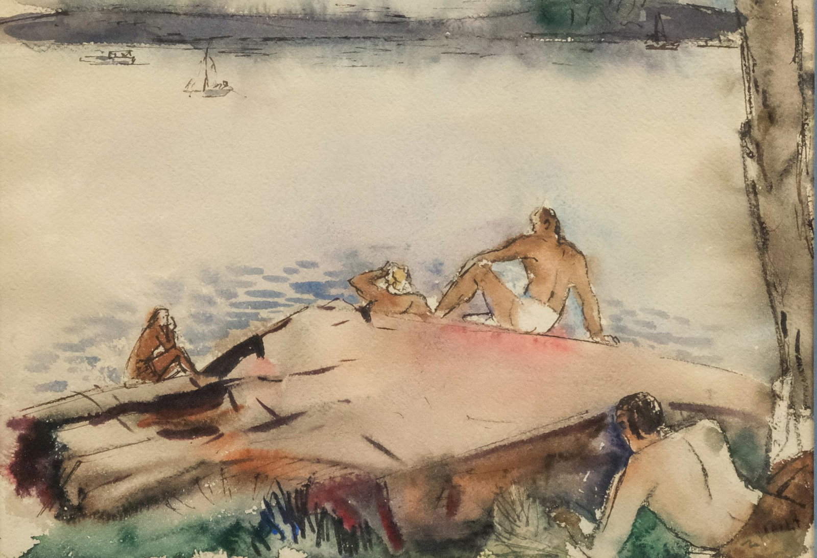 Zoltan Hecht, Sunning Rock: Zoltan Hecht (Hungarian, 1890-1968), watercolor on paper depicting several sunbathers on a rock by the water, signed "Z. Hecht" l.r., 91/2" x 13" sight, 18 1/2" x 21 1/2" framed.