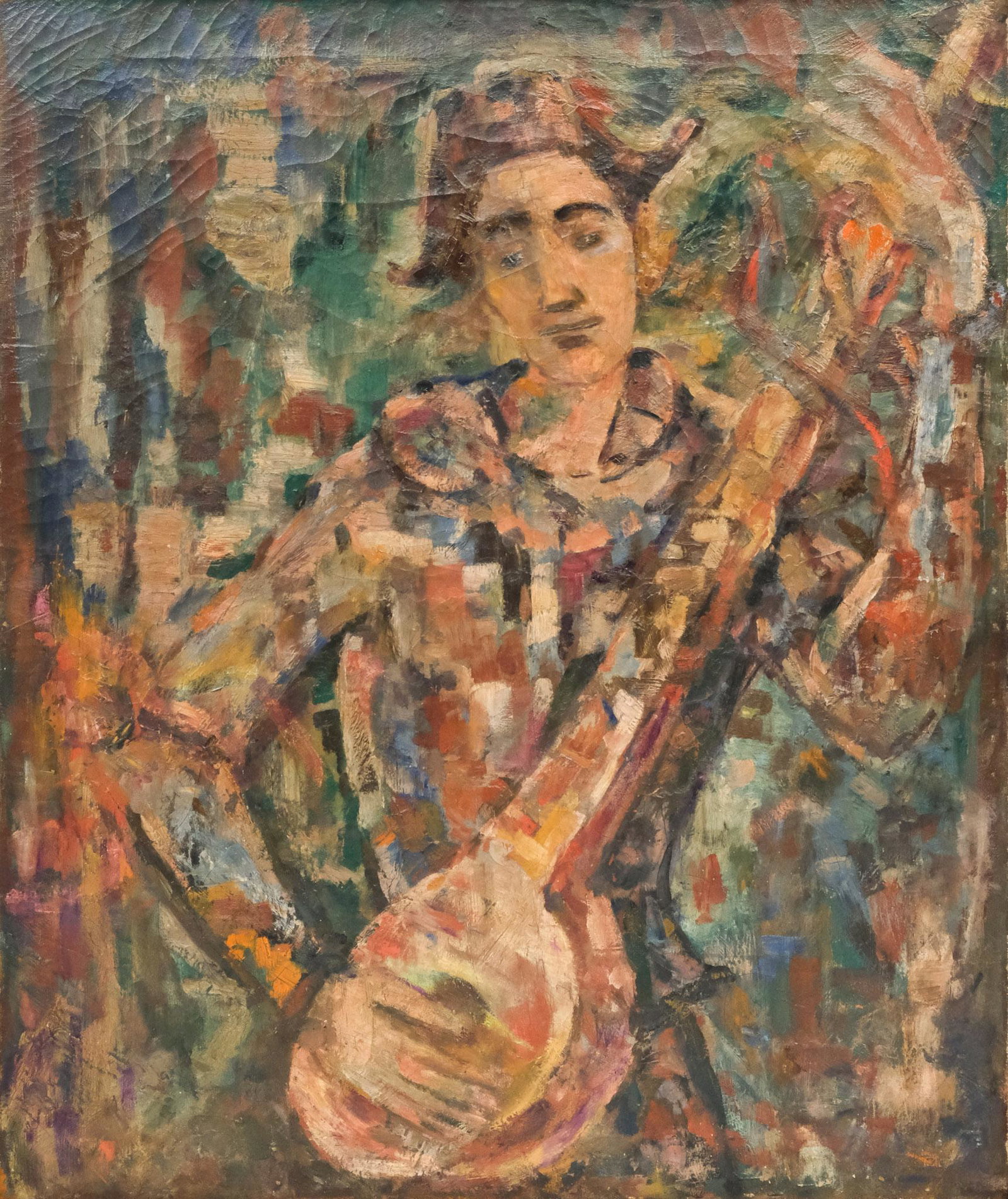 American School, The Musician: American, early 20th century oil on canvas depicting a harlequin with a lute, 25" x 30" canvas, 25 1/2" x 30 3/4" framed.