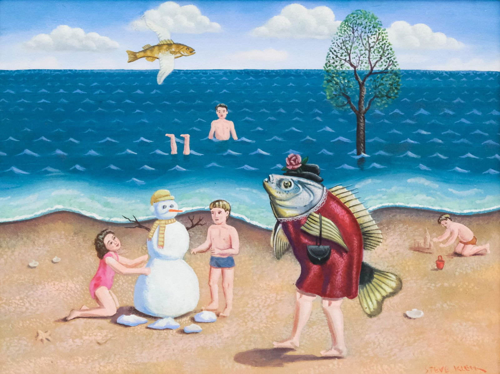Steve Klein, "Summer Dreams": Steven Klein (American, born 1946), oil on board depicting a surrealistic beach scene, signed l.r., signed and titled verso, 9" x 12" board, 13" x 16" framed.