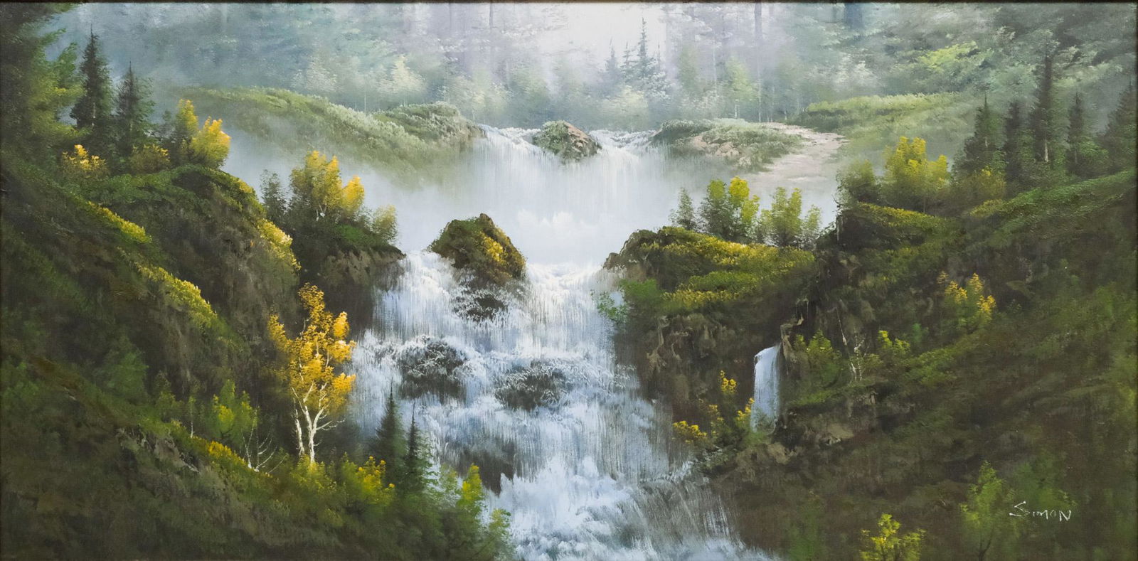 American School, Forest Waterfall: American, late 20th century oil on canvas depicting a waterfall in a forest, signed "Simon" l.r., 24" x 28" canvas, 31 1/2" x 55" framed.