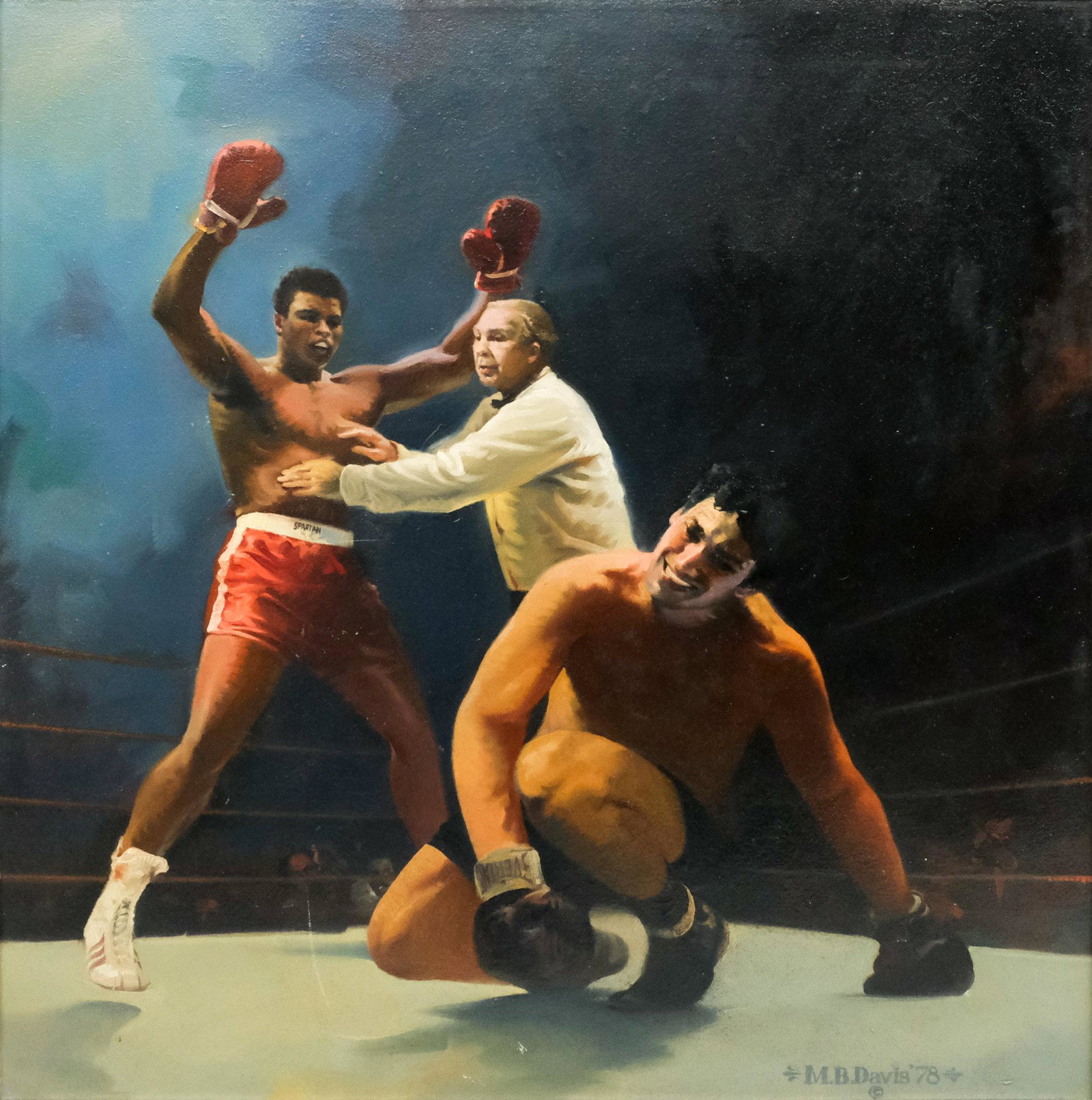 M. B. Davis, Muhammad Ali: M. B. Davis, 1978, oil on canvas depicting Muhammad Ali having just felled an opponent, signed and dated l.r., 23 1/2" x 23 1/2" sight, 24 1/4" x 24 1/4" framed.