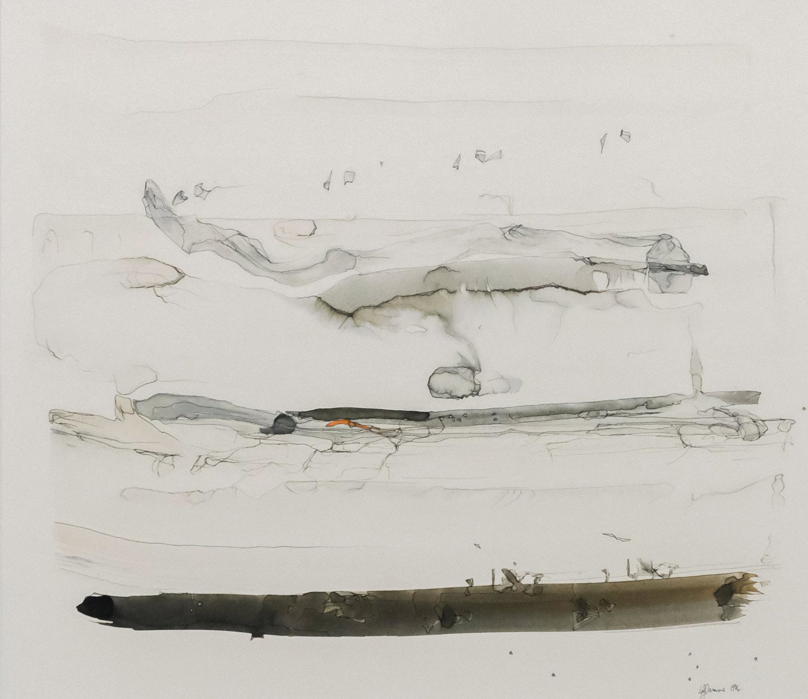 American School, Abstract Landscape: American, 1986, ink and wash on paper depicting an abstract view resembling a desert, signed "Laflamme" and dated l.r., 14 3/4" x 16 3/4" sight, 24 1/4" x 25 1/4" framed.