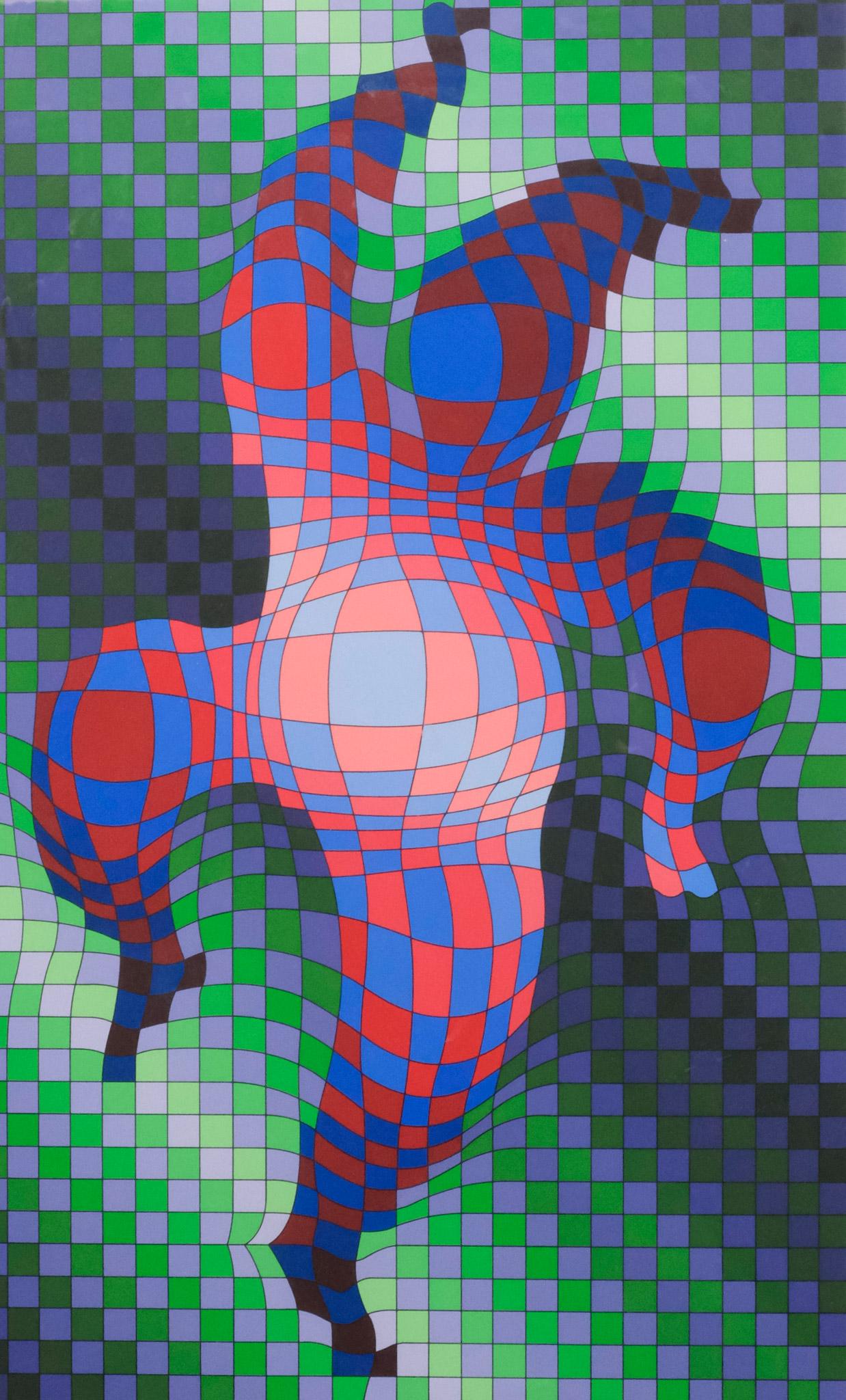 Victor Vasarely, Op Art Harlequin Form: Victor Vasarely (Hungarian/French, 1906-1997), screenprint depicting a harlequin figure, 17" x 27" sight, 25" x 35" framed.