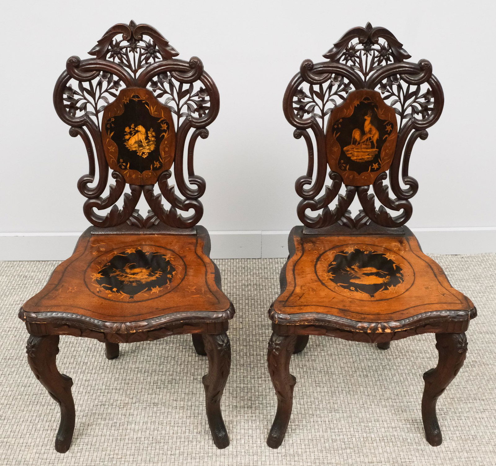 Pair of Inlaid Black Forest Carved Chairs (1 of 13)