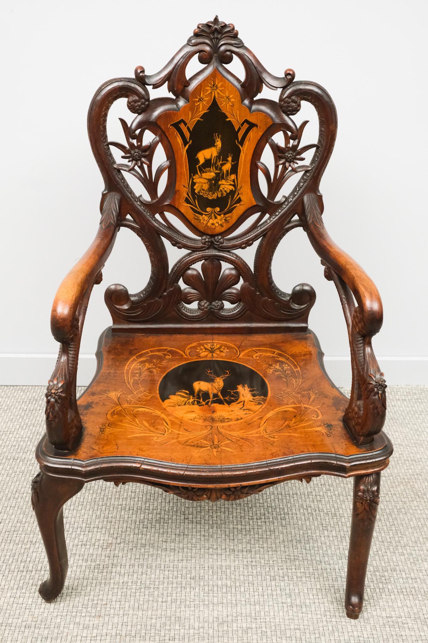 Inlaid Black Forest Carved Armchair (1 of 9)