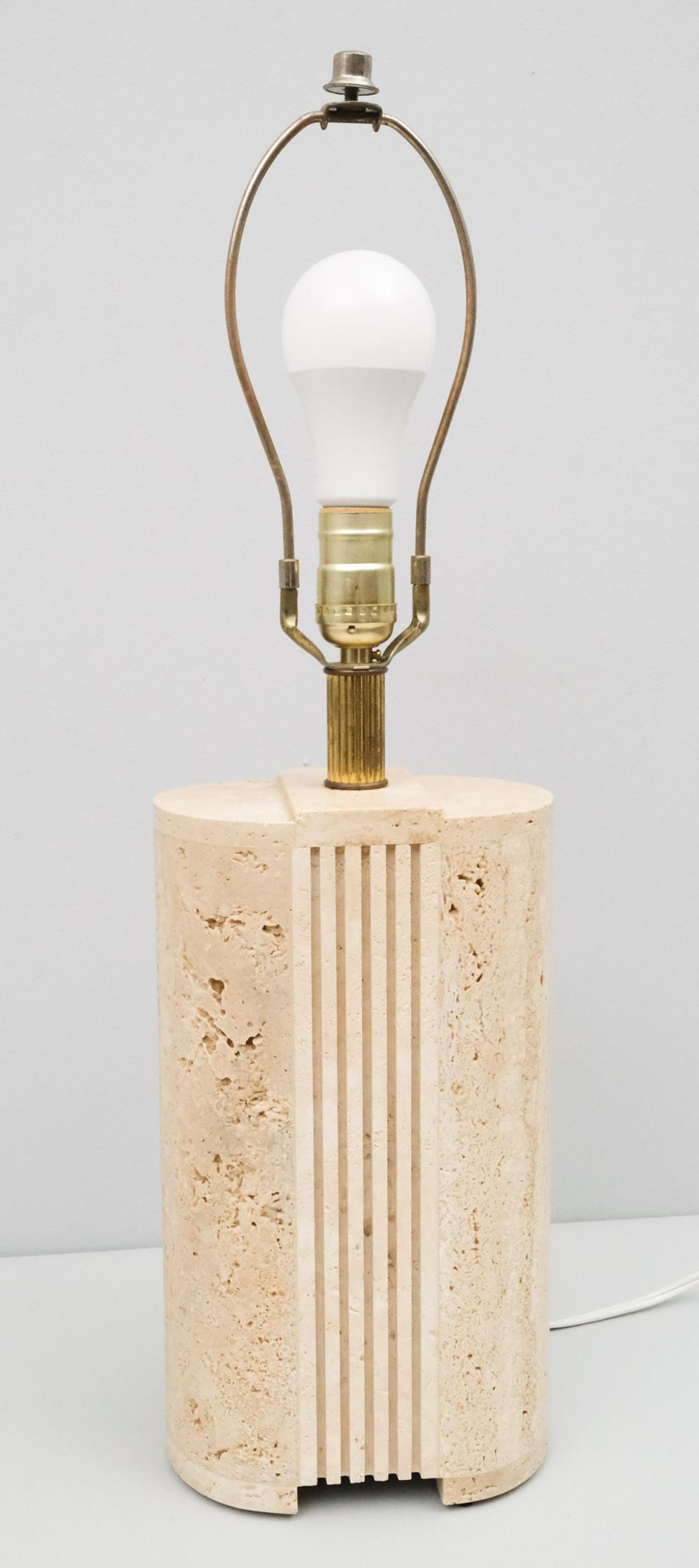 Fossil or Coral Stone Modernist Table Lamp: Attributed to Samuel Marx. Dynamic Curving form with fluted center structure and gilded metal socket. With linen shade. 24 3/4" H.