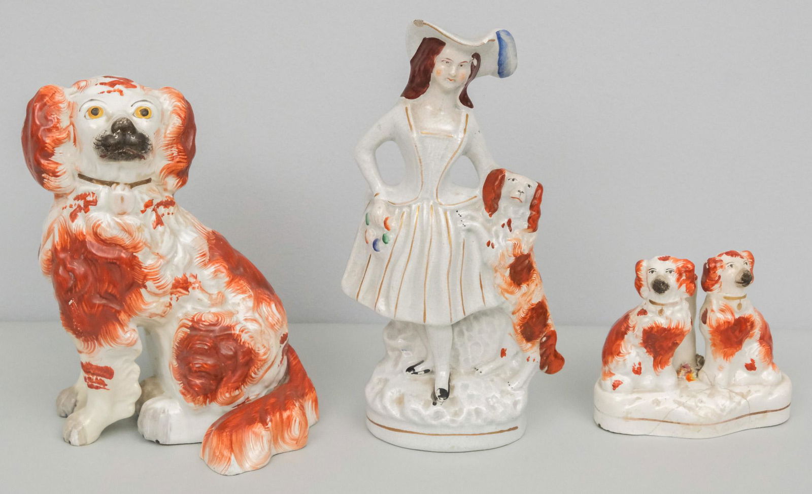 Lot of 3 Staffordshire Figural Spaniel Groups (1 of 9)