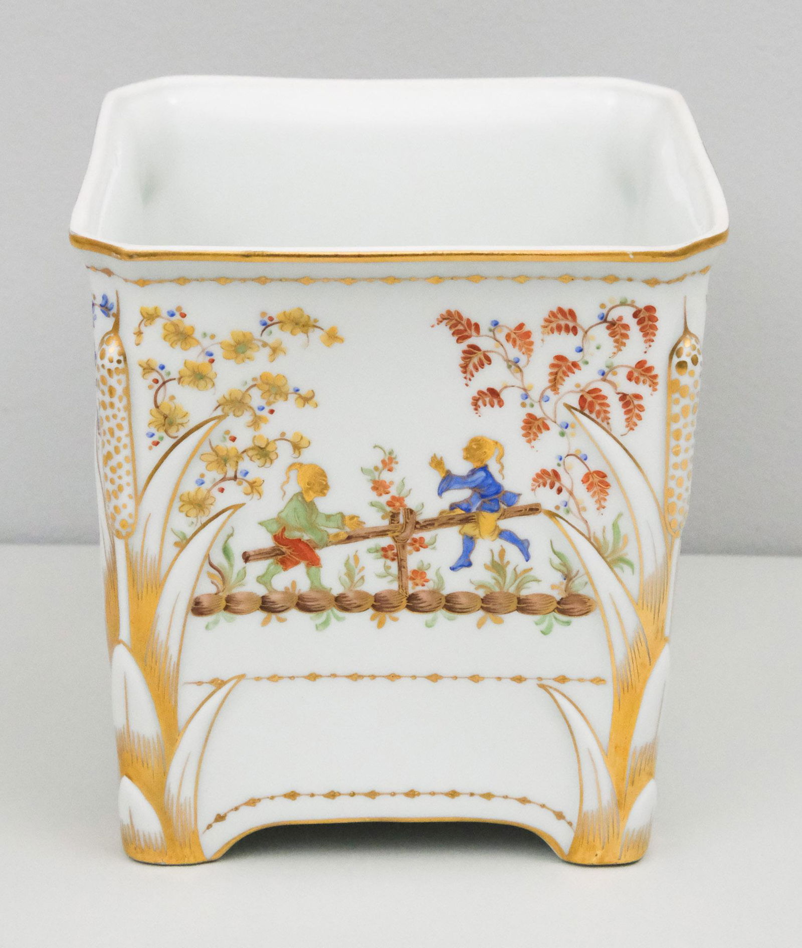 Rare Tiffany Hand Painted "Cirque Chinois" Planter: Rare Tiffany & Co. Private Stock hand-painted china square planter or jardiniere by Atelier Le Tallec, France, in the Cirque Chinois pattern, designed for Tiffany by Camille Le Tallec (French, 1906-19