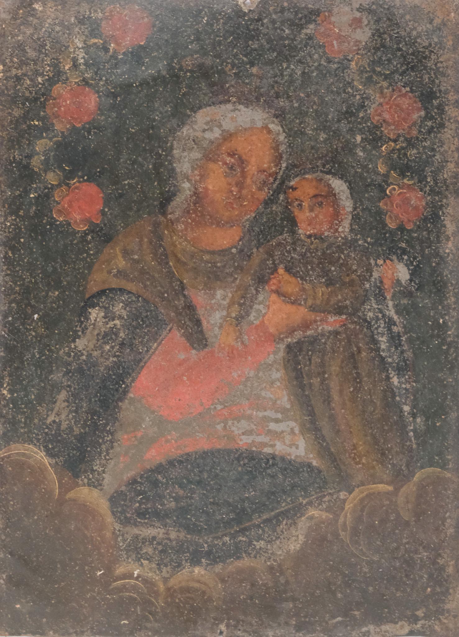 Mother & Child Retablo on Tin: Mexican, 19th century tempera on tin depicting an icon of the Virgin Mother and Christ Child, 10" x 13 3/4" overall.