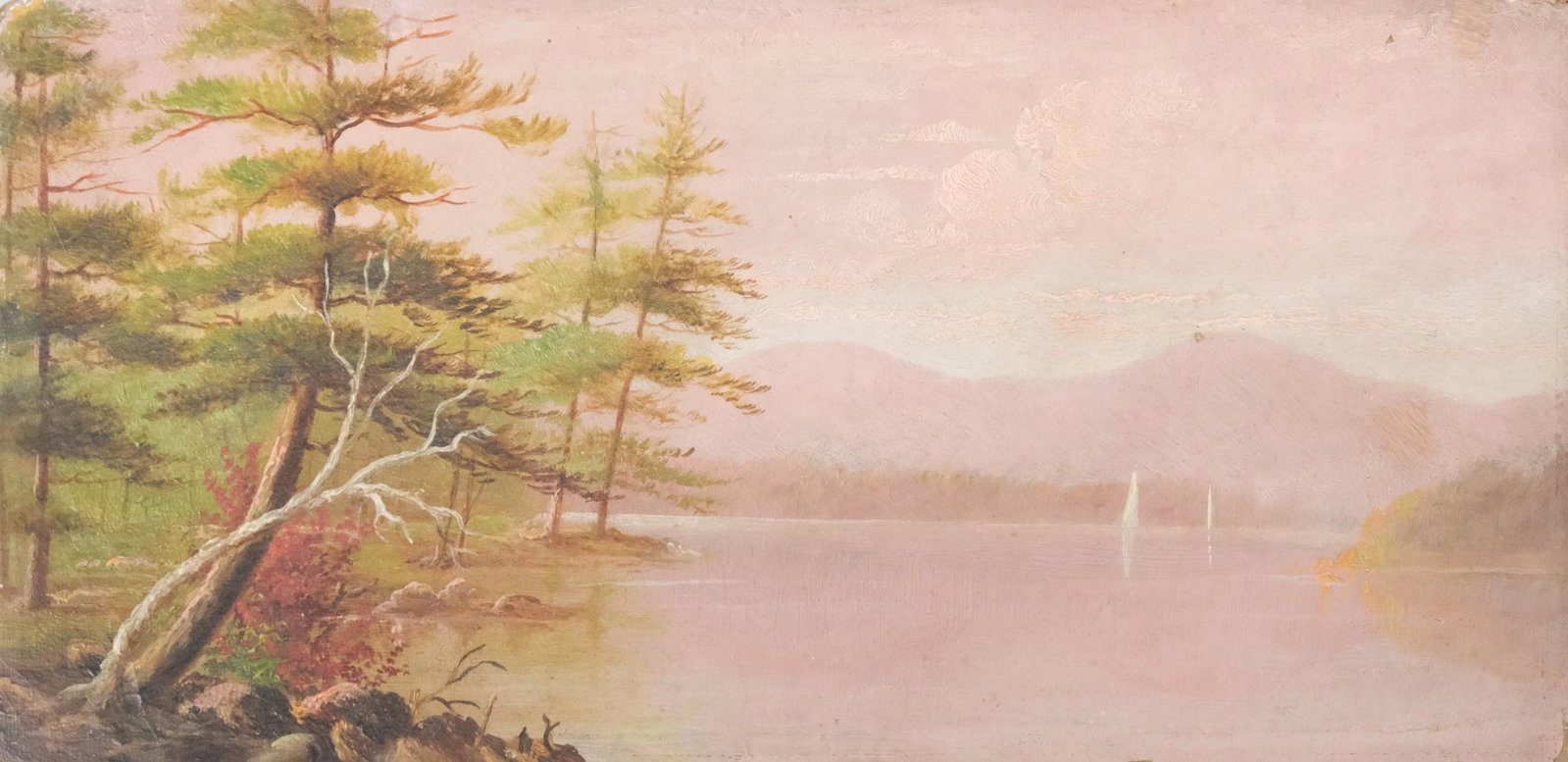 Hudson River School Painting: American, Hudson River School oil on board depicting a riverscape at twilight, signed "T. P. Pope" verso, 6" x 12" board.