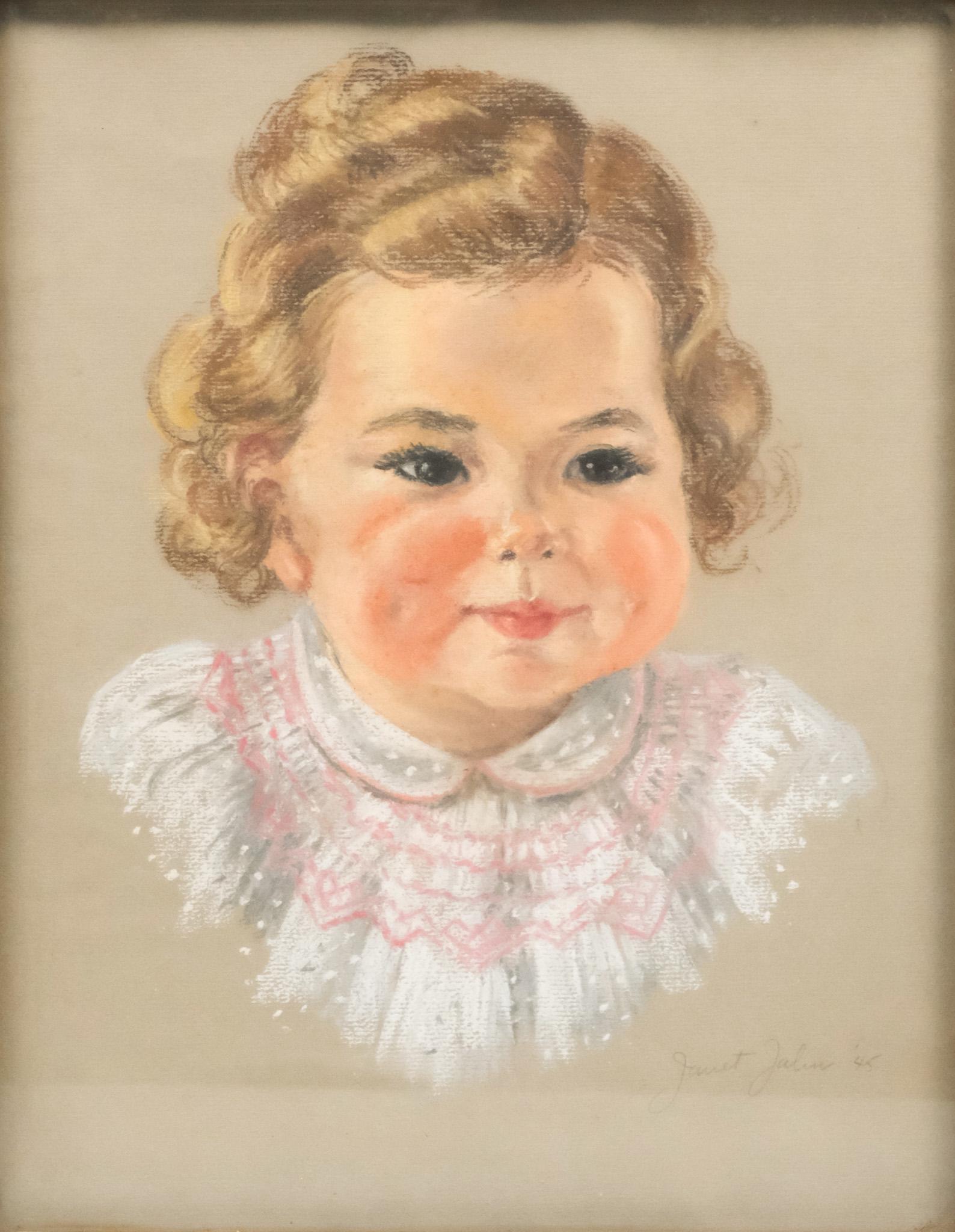 American School, Pastel Baby Portrait: American, 1945, pastel on paper depicting a brown-eyed baby girl, signed "Janet Jalin" and dated l.r., housed in a lemon gold frame, 10" x 13" sight, 14" x 17" framed.