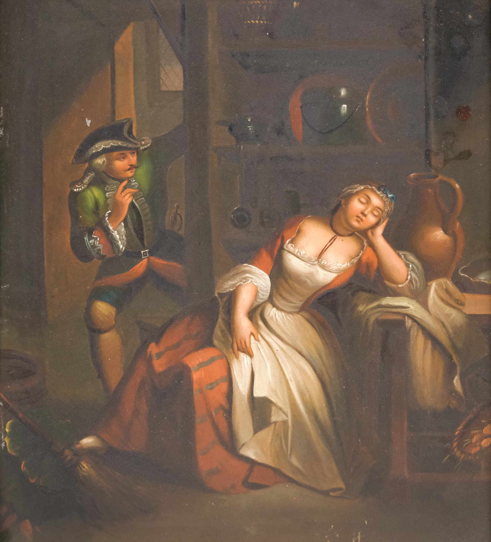 European School, Sleeping Maid Genre Scene: European, 19th century oil on tin depicting a man sneaking up on a sleeping maid, hijinks are sure to ensue, 8" x 9 1/2" sight, 14 3/4" x 16 1/4" framed.