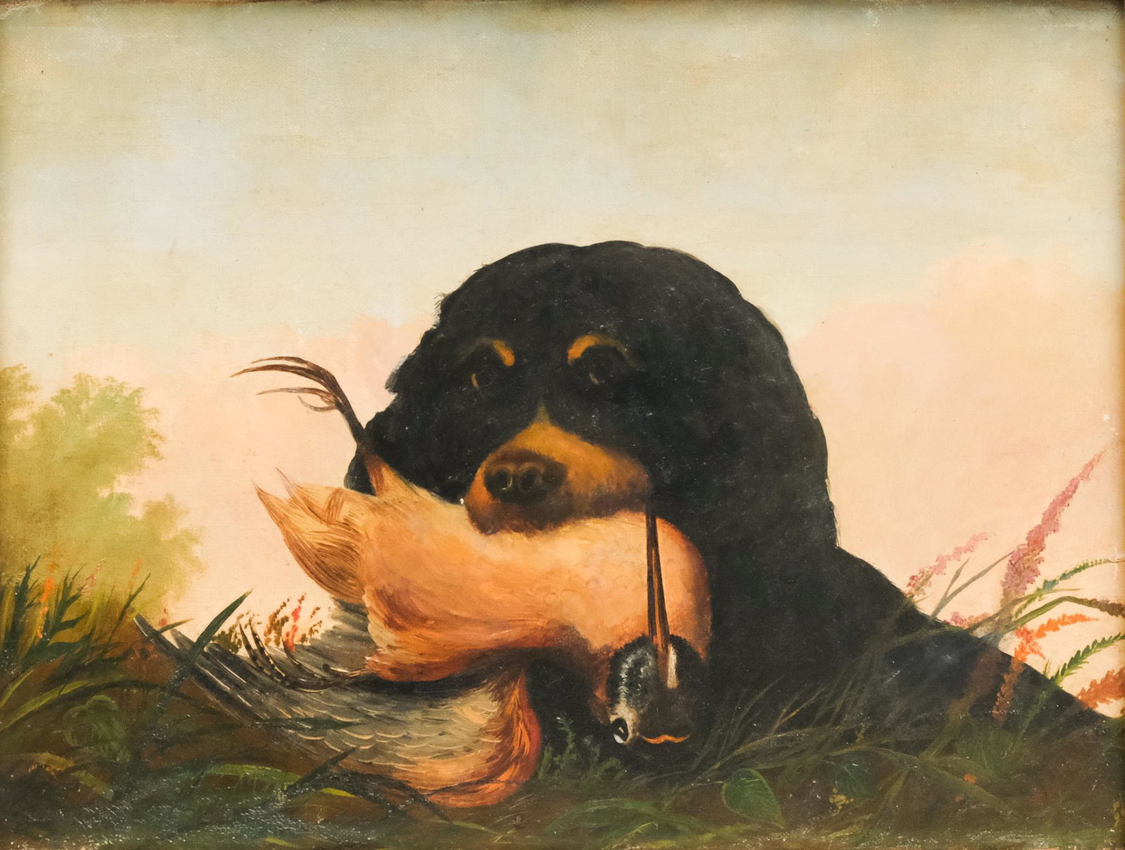 In the Manner of Arthur F. Tait, Spaniel with Bird: In the manner of Arthur Fitzwilliam Tait (American, 1819-1905), 19th century oil on canvas depicting a cocker spaniel with a bird in its teeth, 10 1/4" x 14" canvas, 16" x 19" framed.