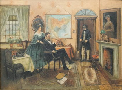 After Edward Percy Moran, Mr. & Mrs. Lincoln: After Edward Percy Moran (American, 1862–1935), 20th century oil on board depicting Abraham Lincoln and Mary Todd Lincoln in their parlor, facing a gentleman in the doorway, signed illegibly an