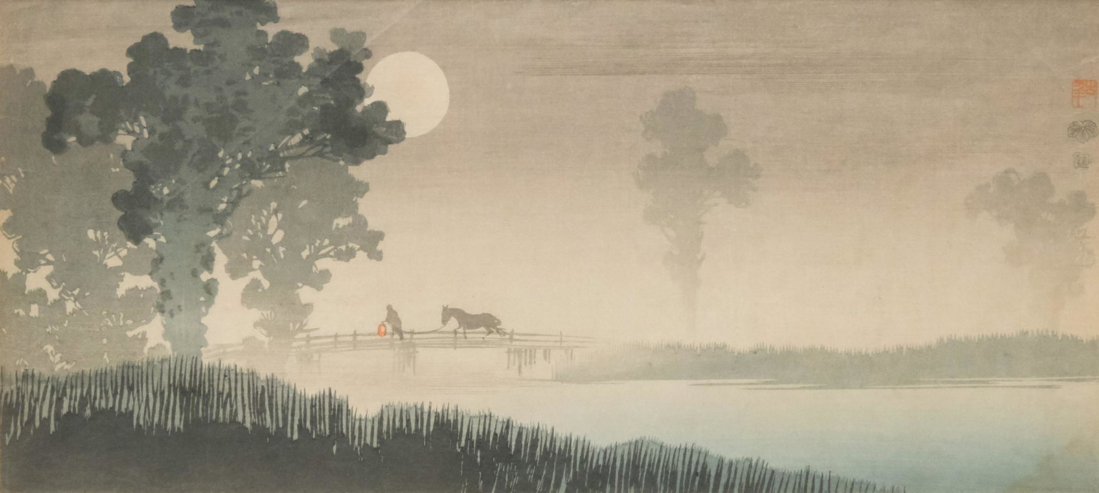 Japanese Nocturne Print: Japanese, 20th century print of a figure with a lantern leading a horse through the misty night, 6 1/4" x 13 3/4" sight, 11" x 18 1/4" framed.