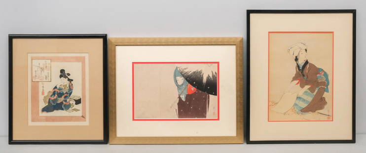 Set of 3 Japanese Woodblock Prints: Lot consisting of 1) Totoya Hokkei (Japanese, 1780-1850), surimono woodblock print depicting a well-dressed young woman, 7 1/2" x 9" sight, 12 1/4" x 13 1/2" framed; 2) Tomioka Eisen (Japanese, 1864-1