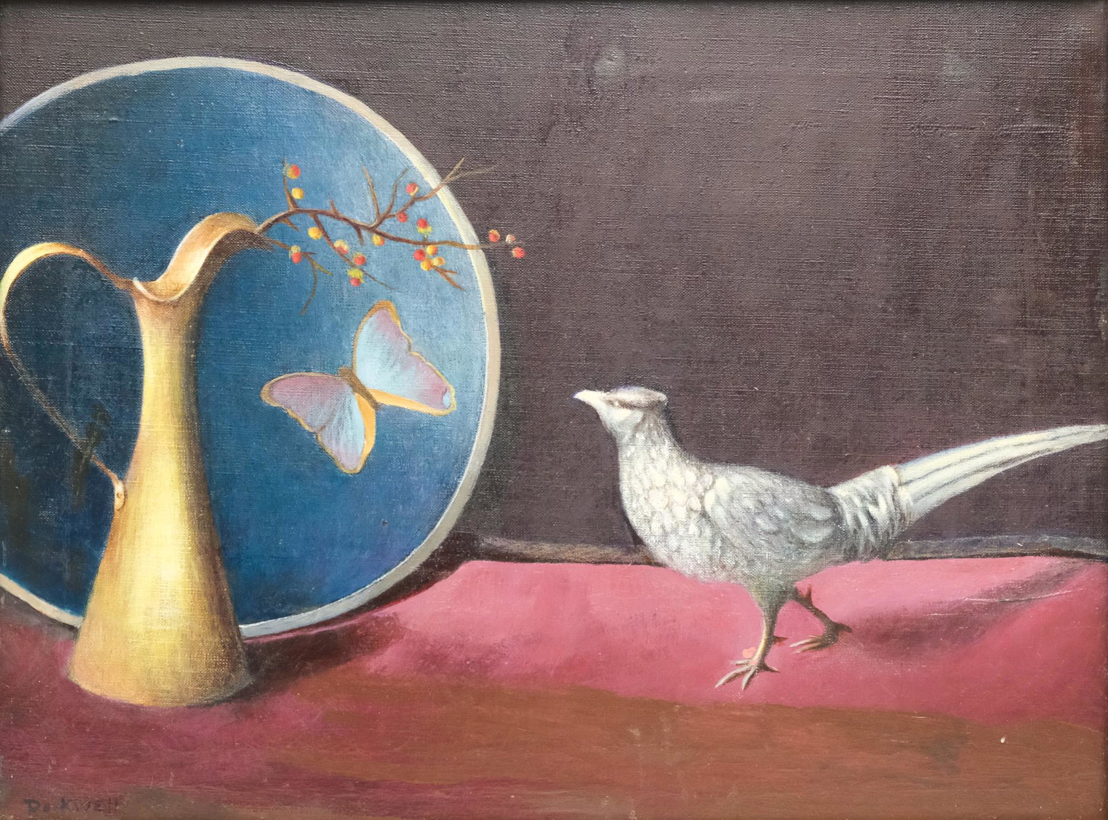 American School, Still Life: American, 20th century oil on canvas still life including a bird, a butterfly, and a pitcher with a berry branch, signed "Rockwell" l.l., 15" x 20" canvas, 19 1/4" x 24 1/4" framed.