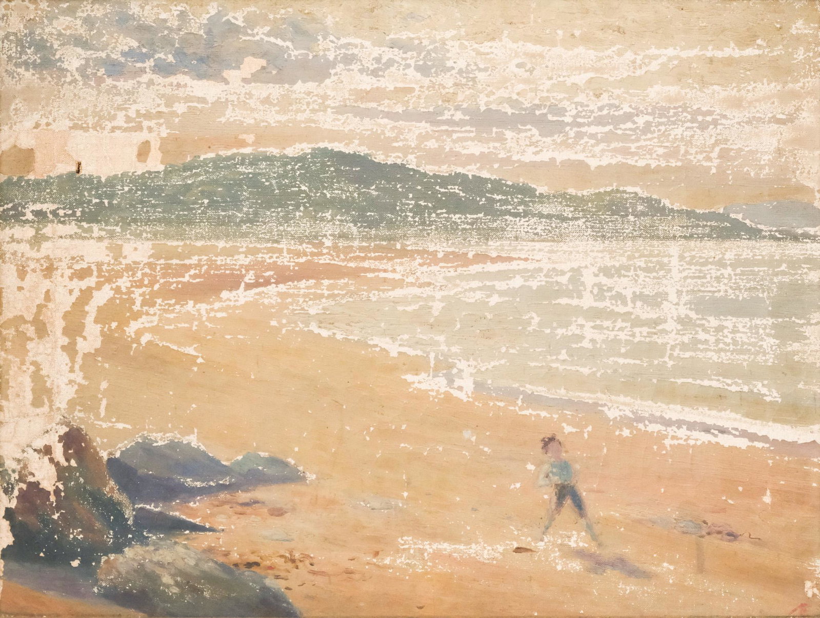 American School, Walk on the Beach: American, late 19th century oil on canvas depicting a figure jauntily walking along the shore, 16" x 21" canvas, 17 1/2" x 22 1/2" framed.