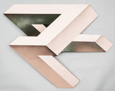 Shozo Nagano, "Elements #12": Shozo Nagano (Japanese/American, 1928-2007), 1974, oil on canvas stretched and mounted on cut, geometric-shaped wood to create depth, signed and dated on the underside of one arm of canvas, titled