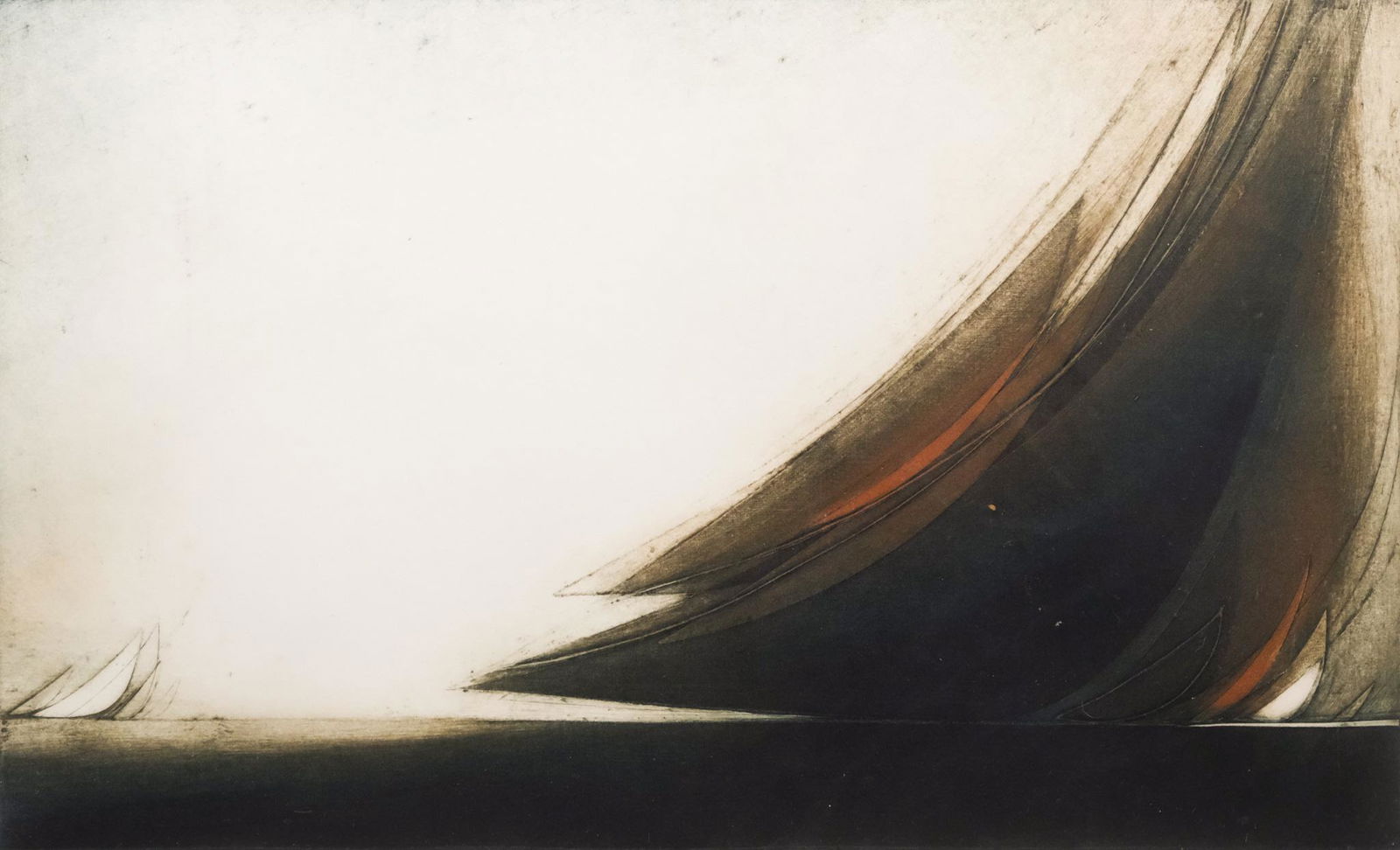 Donald Hugo Stoltenberg, "Sail Yachts": Donald Hugo Stoltenberg (American, 1927-2016), 1969, etching and aquatint depicting small white sails and massive black and red sails, numbered "8/30" l.l., titled l.c., signed and dated l.r., 11 3/4"