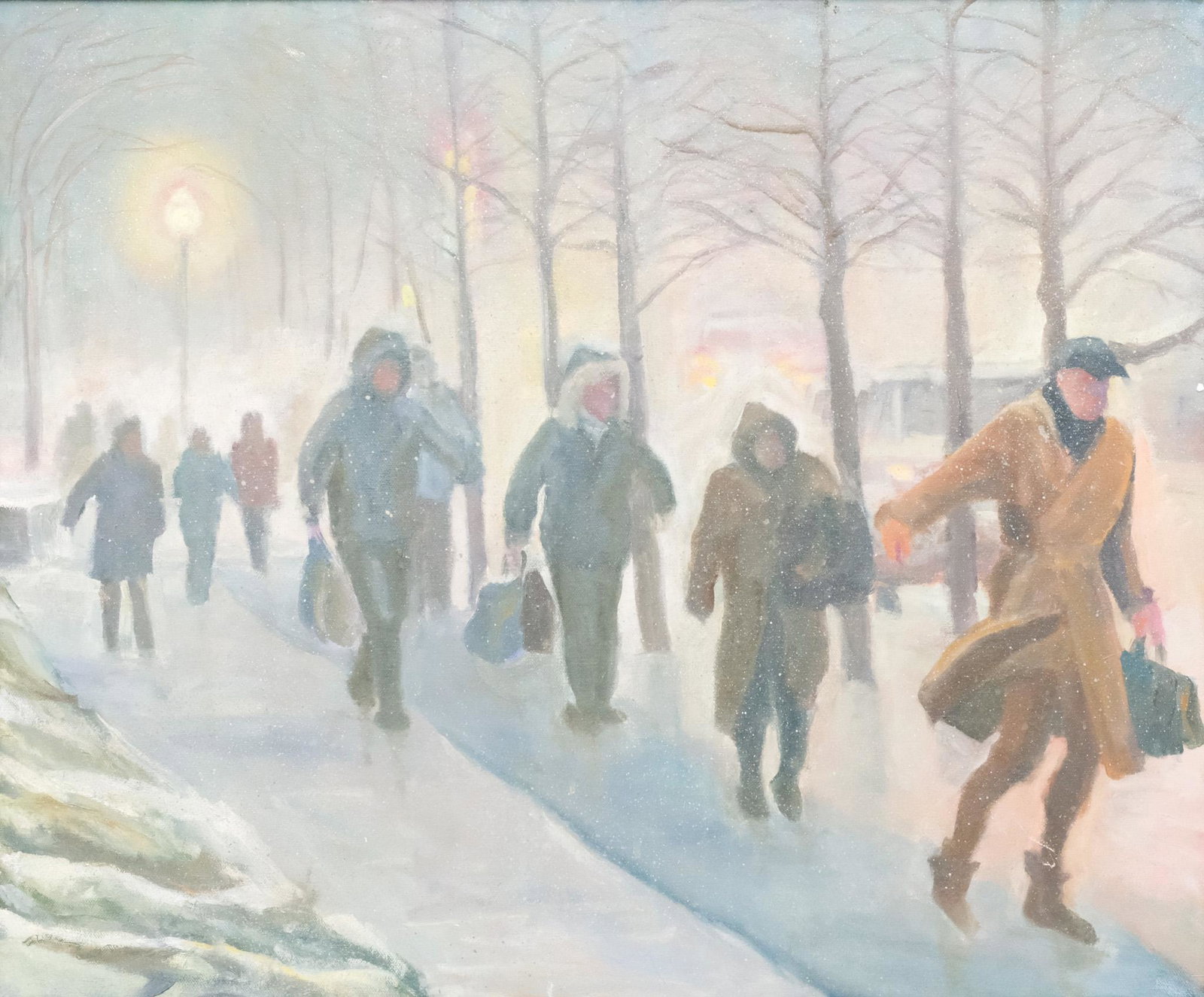 American School, Snow Emergency: American, 20th century oil on canvas depicting several figures trekking through the snow, bags in hand, as though seeking shelter, signed illegibly verso, possibly "Yvonne Burbine", 20" x 24" canvas, 
