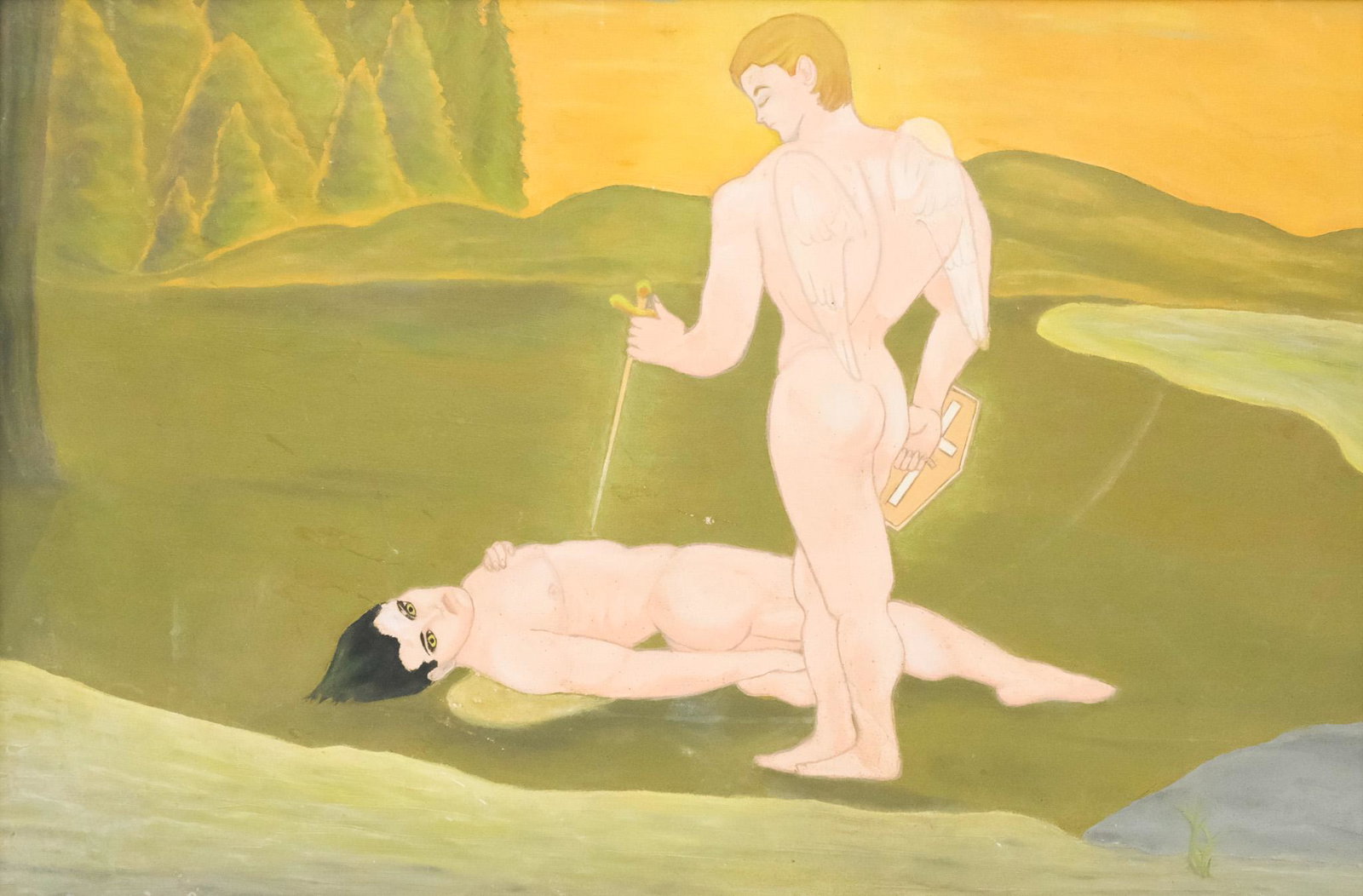 American School, Angel & Demon: American, 20th century acrylic on board depicting a naked angel triumphing over a naked, cat-eyed man, perhaps a demon, 19 1/2" x 29 1/2" sight, 24" x 34" framed.