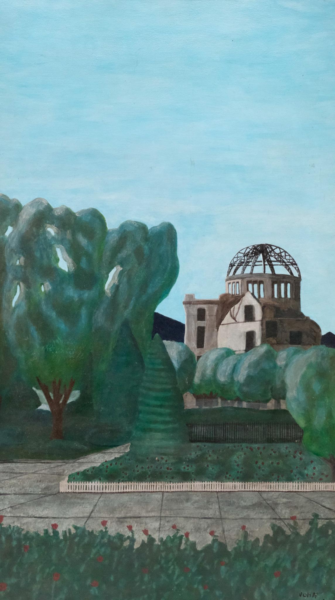 American School, Hiroshima Peace Memorial: American, 20th century oil on canvas depicting a view of the Hiroshima Peace Memorial and surrounding park, signed "John Crowl" l.r., 16" x 28" canvas, 16 1/2" x 28 1/2" framed.